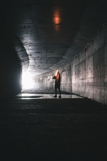 Dark, Miscellanea, Miscellaneous, Lamp, Glow, Human, Person, Tunnel HD phone wallpaper