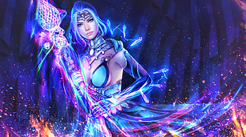 Elementalist, blue, armageddon lord, girl, woman, purple, pink, fantasy, magicnaanavi, game, guild wars, luminos HD wallpaper