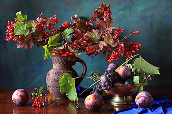 still life, red, berries, fruits, pot HD wallpaper
