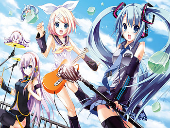 Vocaloid Girl Band, awesome, uniform, nice, blue sky, dums, hatsune, kagamine rin, aqua eyes, bow, sexy, white, hatsune miku, twintail, stage, hot, girl, headset, singer, aqua, pink hair, anime girl, anime, takoluka, pretty, megurine, virtual, blue, luka, black, song, heads, hachune miku, rin, guitar, cute, vocaloid, beauty, band, miku, music, vocaloids, thighhighs, megurine luka, program, skirt, beautiful, diva, white clouds, kagamine, pink, aqua hair, yellow hair, yellow, cool, clouds, sky, idol, micro HD wallpaper