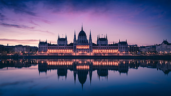 Cities, Sunset, Building, Lights, Facade, Hungary HD wallpaper