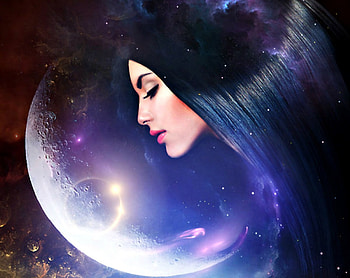 Moon face, night, blue, black, elenadudina, girl, woman, fantasy, luna HD wallpaper