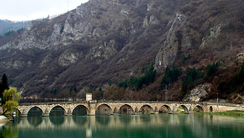 the bridge on the drina is also a great book, bridge, river, arches, mountains HD wallpaper