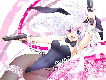 Gun-ny Bun-ny, blue, white, black, playboy, pink, punny, white hair, pistols, gun HD wallpaper