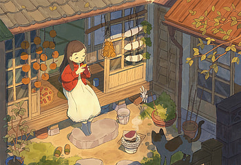 Anime: Brown-Haired Girl Eating on a Sunlit Veranda with Cats, eating, architecture, cat, brown hair, Anime, girl, anime girl, anime cat HD wallpaper