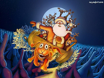 Dog Powered, dog, reindeer, moon, snow, christmas, trees, santa HD wallpaper
