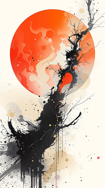 Sumi-Tree Beneath the Crimson Moon, tree, sun HD phone wallpaper