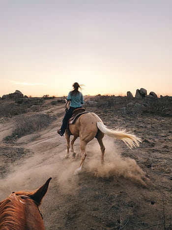 Capture the thrill of horseback riding through dusty trails in California's scenic landscape. HD phone wallpaper