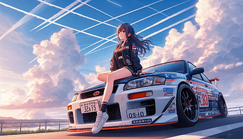 Anime Girl Sitting On The Hood Of The Car, artist, artwork, art, digital-art, ai-girls, cars, porsche, anime-girl HD wallpaper