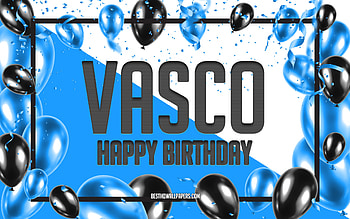 Happy Birtay Vasco, Birtay Balloons Background, Vasco, with names, Vasco Happy Birtay, Blue Balloons Birtay Background, Vasco Birtay HD wallpaper