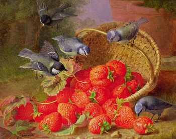 STRAWBERRY FEAST, BIRDS, PAINTING, BASKET, STRAWBERRIES HD wallpaper