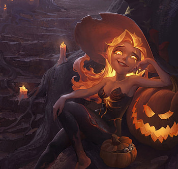 Witch, luminos, orange, dark, night, black, xinjin, girl, halloween, xin jin, candle, fantasy, pumpkin HD wallpaper