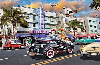 Dog Days in Miami, dogs, funny, art deco, cars, palm trees HD wallpaper