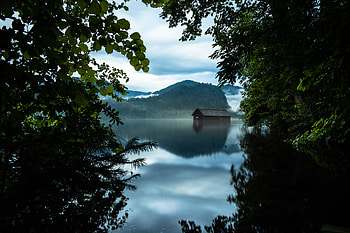Nature, Mountains, Lake, Reflection, Branches, House HD wallpaper