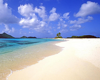 Calm Waters Caribbean, blue, sand, landscape, mountain, beach, clouds, nature, sky, water HD wallpaper