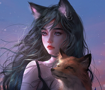 Twilight by NIXEU, frumusete, fantasy, art, nixeu, luminos, girl, fox, sunset, blue HD wallpaper