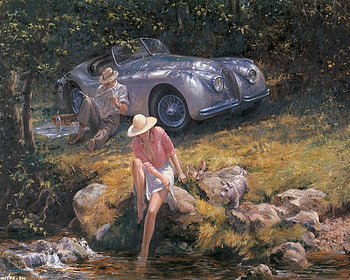 Alan Fearnley art, river, art, car, man, tree, woman, alan fearnley, painting, nature HD wallpaper