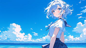 Blue-Haired Anime Girl, Anime, anime girl, blue anime, ocean, sky, Sky Anime HD wallpaper