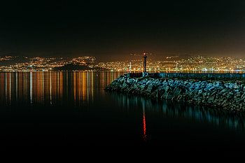 Nature, Water, Stones, Night, City, Lighthouse HD wallpaper
