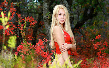 Kendell Posing in Autumn, autumn, model, blonde, forest HD wallpaper