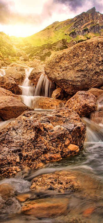 Waterfall rocks, Sunlight, Water stream, Austria HD phone wallpaper