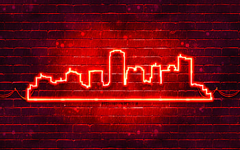 Phoenix red neon silhouette, , red neon lights, Phoenix skyline silhouette, red brickwall, american cities, neon skyline silhouettes, USA, Phoenix silhouette, Phoenix HD wallpaper