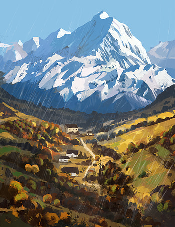 Landscape, Houses, Art, Mountains, Valley, Small Houses HD phone wallpaper