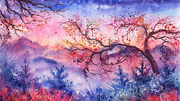 Painted Tag - Christmas Landscape Trees Foliage Watercolor Birds Painted Evening Sunset Mountains Abstract Nature HD wallpaper