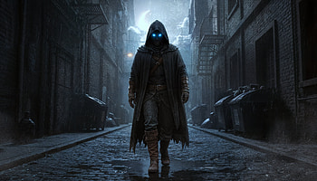 A dark figure with glowing eyes in an alley., Alley HD wallpaper