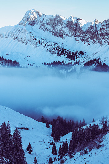 Nature, Mountains, Twilight, Snow, Vertex, Top, Fog, Dusk, Snow Covered, Snowbound HD phone wallpaper