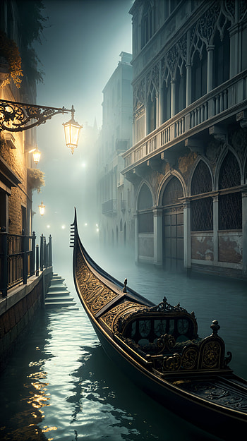 Serene Gondola: A Captivating , Venice, canal, fog, night HD phone wallpaper
