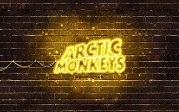Arctic Monkeys yellow logo, , british rock band, music stars, yellow brickwall, Arctic Monkeys logo, Arctic Monkeys neon logo, Arctic Monkeys HD wallpaper