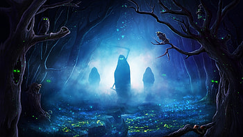 Halloween, silhouette, creepy reapers, nightout, forest, art HD wallpaper