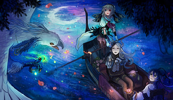 Pixiv Fantasia Fallen Kings, night, blue, river, boat, eagle, cute, long hair, trip, dress, beauty, moon, water, female, sweet, white, art, smile, beautiful, purple, anime, pretty, light, girls, women, lovely HD wallpaper