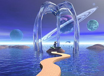 The Path, island, planets, path, figure, pier, 3d, dolphins, sky, water HD wallpaper