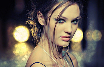 Candice Swanepoel, model, blue eyes, girl, beauty, woman, green, lights, yellow HD wallpaper