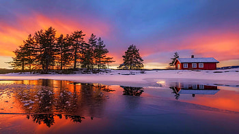 Thin Ice on Norwegian River, scandinavia, house, snow, trees, clouds, landscape, sky, sunset HD wallpaper