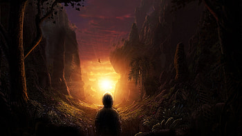 Fantasy world, landscape, digital, boy, trees, clouds, sky, nature, sun, mountains, sunset HD wallpaper
