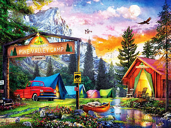 Pine Valley Camp, artwork, boat, digital, car, trees, tents, mountains, pond HD wallpaper