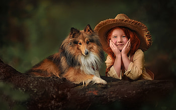 Little Girl and Sheltie, hat, dog, girl, redhead, child, friends, Sheltie HD wallpaper
