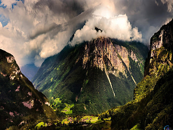 Mountain Storm, trees, nature, houses, forest, storm, mountain HD wallpaper