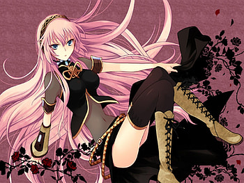 Megurine Luka, black, luka, awesome, plants, heads, cute, beauty, nice, rose, vocaloids, thighhighs, sexy, blue eyes, hot, headset, beautiful, pink hair, pink, anime, pretty, red, cool, megurine, flowers, red rose HD wallpaper