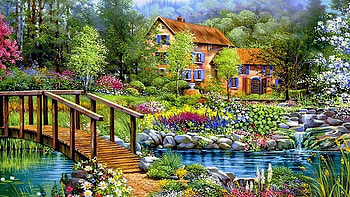 Cottage by the Pond, painting, walking, bridge, puzzle, flowers, nature HD wallpaper