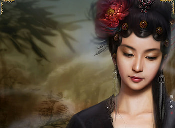 Girl, mona lisa, black, asian, fantasy, flower, red, face, luminos, warrior HD wallpaper