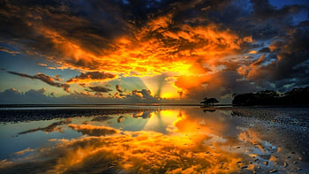 spectacular sunset reflection r, sea, reflection, clouds, r, sunset, beach HD wallpaper