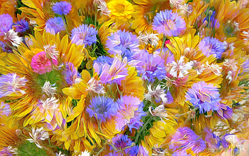 Flowers, purple, painting, art, field, yellow, flower, poster HD wallpaper