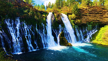 Burney Falls - Burney, California, river, leaves, fall, autumn, trees, colors, rocks, usa HD wallpaper