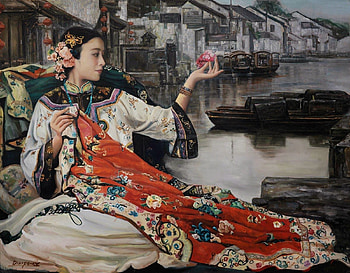 Beauty, girl, frumusete, asian, art, gorgeous, superb, hand fan, di li feng, painting, red, pictura, dili feng, evantai HD wallpaper