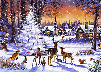 Christmas gathering, winter, art, eve, peaceful, fox, houses, tree, gathering, animals, snow, christmas, paitning, countryside, friends, evening, village, deers HD wallpaper