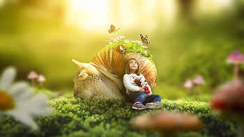 :), fantasy, butterfly, mini, girl, giant, snail, copil, child, green HD wallpaper